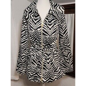 Dana Buchman Zebra Stripe Zip Jacket XS | Tie Waist Pockets Ruffle Collar EUC